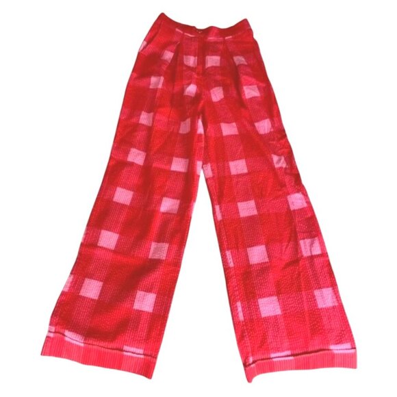 Anthropologie Porridge Womens Medium Red & Pink Plaid Wide-Leg Pants 100% Cotton - Picture 2 of 14